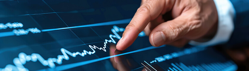 A man is pointing at a graph on a computer screen. The graph shows a downward trend in the stock market. The man's finger is hovering over the graph