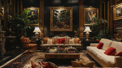 A medium shot of a wealthy family relaxing in their luxurious living room,  surrounded by elegant decor and expensive artwork - obrazy, fototapety, plakaty