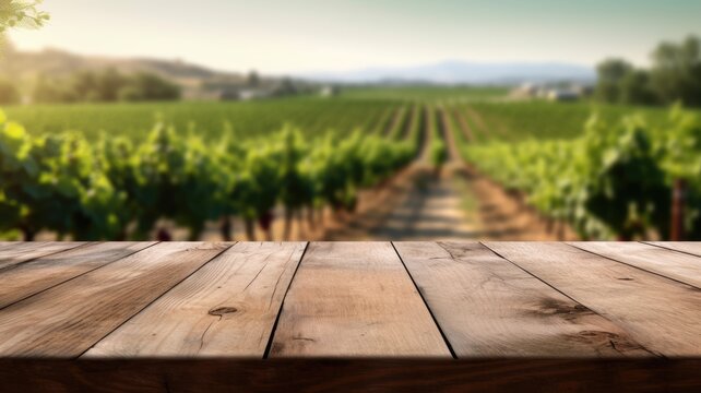 The empty wooden table top with blur background of vineyard. Exuberant image. generative AI