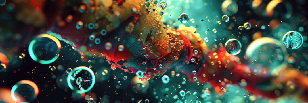 Vivid colors swirl in an abstract pattern, creating a mesmerizing effect with bubbles and oil in water