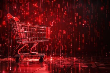  Red binary code raining down on a shopping cart, illustrating the invasion of privacy in online transactions - obrazy, fototapety, plakaty