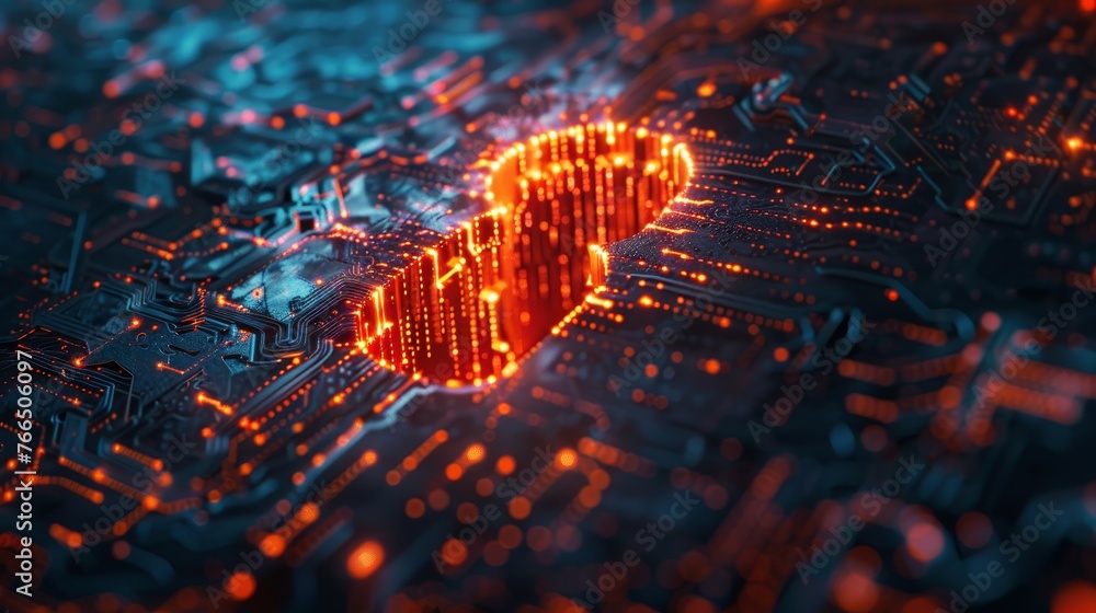 Poster a glowing shield icon on a circuit board represents robust cybersecurity measures in the digital dat