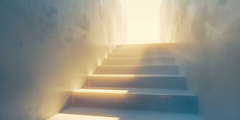 A staircase leading up to a bright light symbolizing progress success and growth in networking and artificial intelligence. Concept Success, Progress, Networking, Growth, Artificial Intelligence