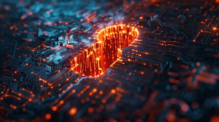 A glowing shield icon on a circuit board represents robust cybersecurity measures in the digital data protection landscape. - obrazy, fototapety, plakaty