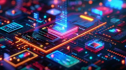 Obraz premium A vibrant image of futuristic circuitry with a central processor unit illuminated by data transfer beams, symbolizing high-speed data processing and computing power.
