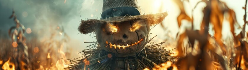 A biotech farm where a scarecrow with flamethrower arms ensures no pest dares approach the precious crops - obrazy, fototapety, plakaty