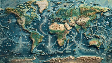 A detailed three-dimensional world map featuring textured landmasses, nautical elements, and maritime routes, perfect for educational and decorative use. - obrazy, fototapety, plakaty
