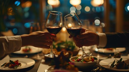 A wealthy couple enjoying a gourmet dinner at an upscale restaurant,  clinking wine glasses as they toast to their success - obrazy, fototapety, plakaty