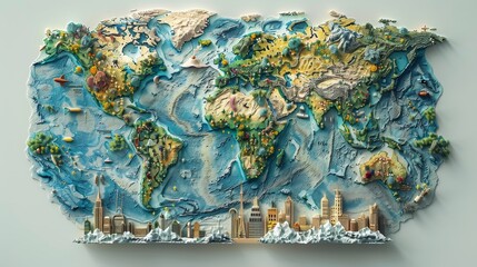 Intricately sculpted three-dimensional world map with textured terrains, famous landmarks, and natural wonders, alluding to the diversity of the globe.