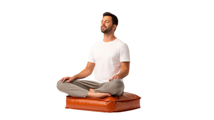 A man achieves inner peace, sitting on a soft pillow in a lotus position