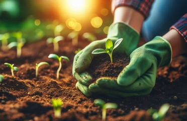 A caring human hand gently supports a tender young green plant in rich soil, symbolizing growth and eco-friendliness amidst glowing sunlight - obrazy, fototapety, plakaty