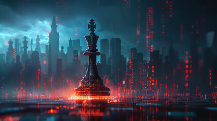 A king chess piece surrounded by falling digital data, standing firm, representing steadfast leadership in a tech world