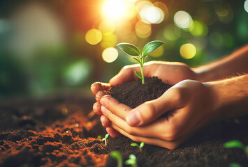 A caring human hand gently supports a tender young green plant in rich soil, symbolizing growth and eco-friendliness amidst glowing sunlight