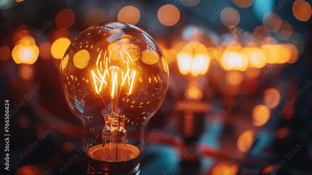 Poster close-up of a glowing filament light bulb with a bokeh background, symbolizing ideas and innovation.