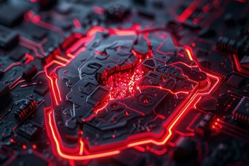 A virtual defense shield with a crack glowing red, indicating a system hacked through a phishing email