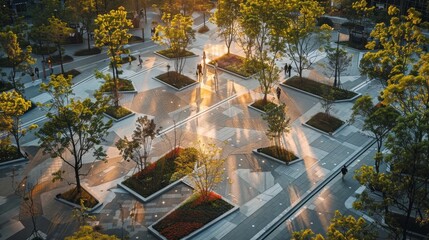 Aerial perspective of a contemporary plaza at sunset, with long shadows among trees and pedestrians.