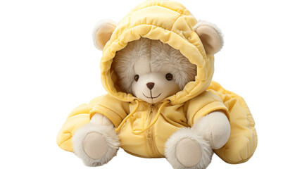 Adorable teddy bear dressed in a bright yellow jacket