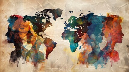 An artistic collage featuring watercolor-painted faces superimposed on a world map, representing cultural diversity and interconnectedness. - obrazy, fototapety, plakaty