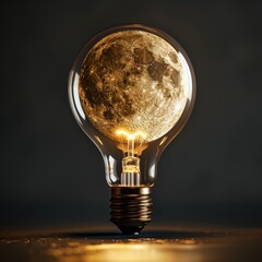  A Bitcoin illuminating under a lightbulb, with the moon s silhouette on a solid backdrop