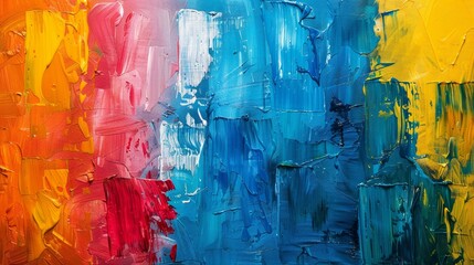 Bold acrylic paint strokes in vibrant red, blue, and yellow hues create a dynamic and abstract artistic expression on canvas.