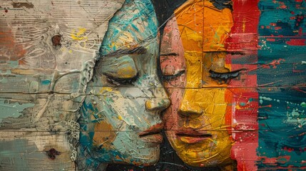 An evocative abstract painting depicts two contrasting faces on weathered wooden panels, symbolizing duality and emotion.