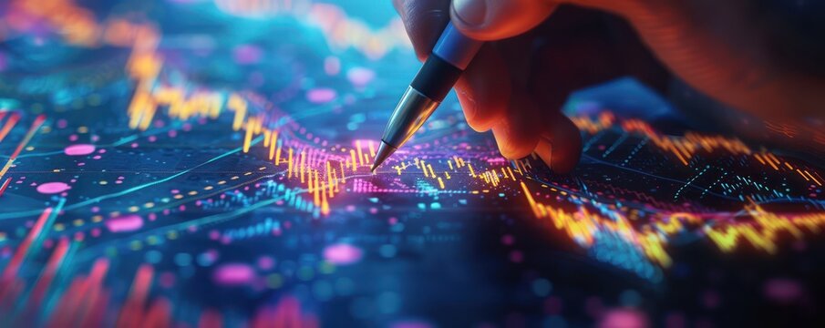 With a magical touch, a cartoon character sketches a rising candlestick chart, each line a pathway to prosperity The close-up view showcases the joy in deciphering market indicators
