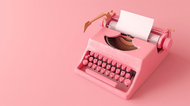 
A minimalistic composition depicts a pink vintage typewriter machine with a paper roll against a soothing pastel background