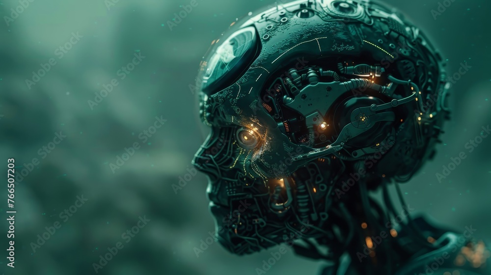 Poster profile of a sophisticated robotic head, featuring intricate circuits and glowing eyes, embodying hi