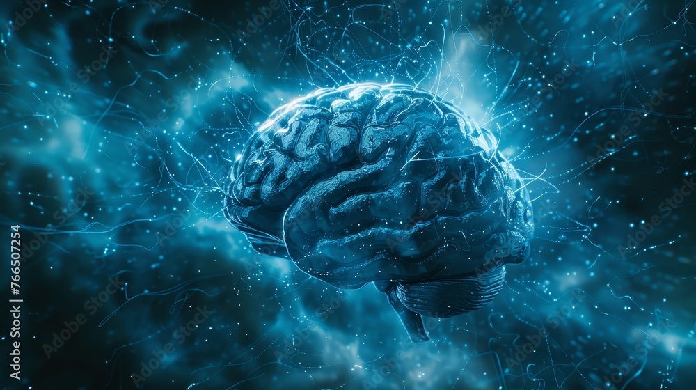 Poster a glowing brain highlighted against a network of neural connections and blue light, depicting the co