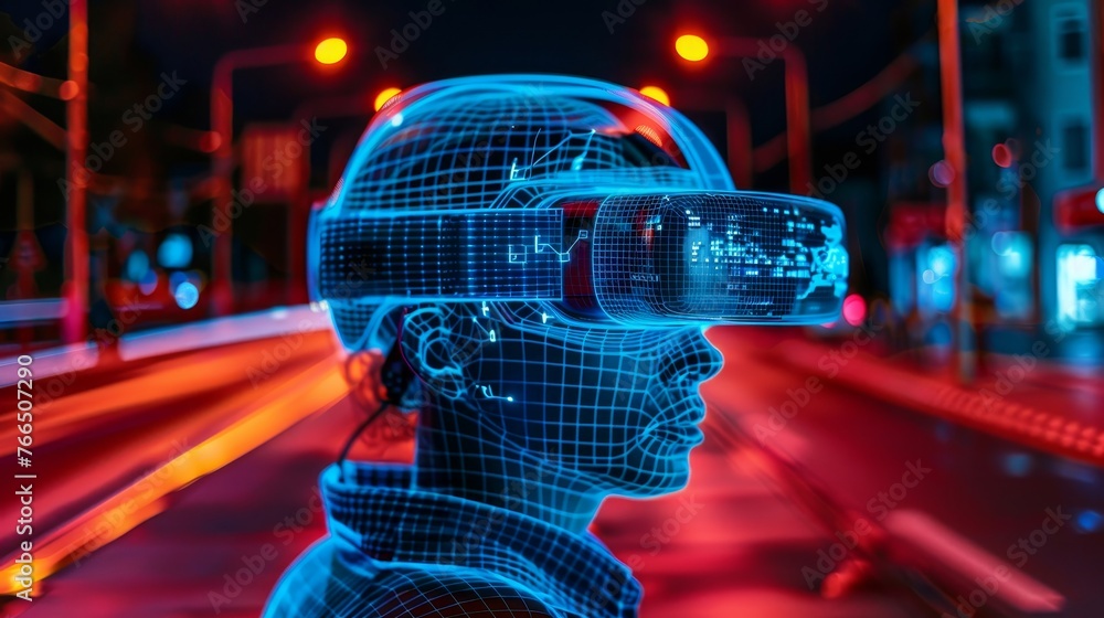 Poster a digital human avatar with a cybernetic interface engages in an augmented reality simulation, set a