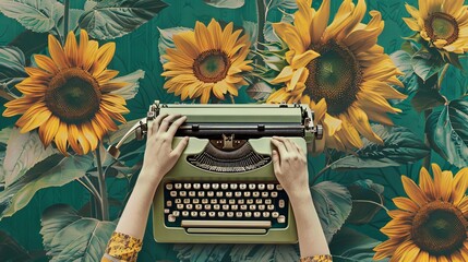 A minimalist photo collage artwork features the image of arms typing on a vintage machine set against a backdrop of sunflowers growing. 