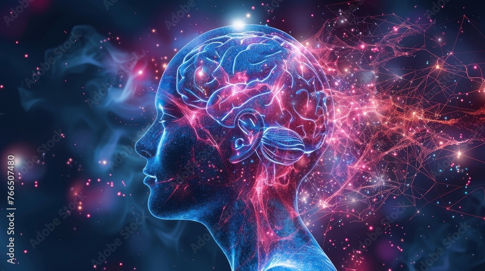 Poster a digital artwork depicting a human profile with a radiant and intricate map of neural connections s