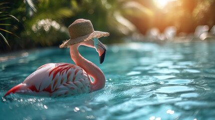 flamingo with straw hat on blue water background, summer concept banner. pink flamngo bird on blue...