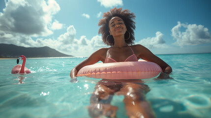 Woman summer sea. Happy woman swimming with inflatable donut on the beach in summer sunny day. Summer vacation concept. - obrazy, fototapety, plakaty