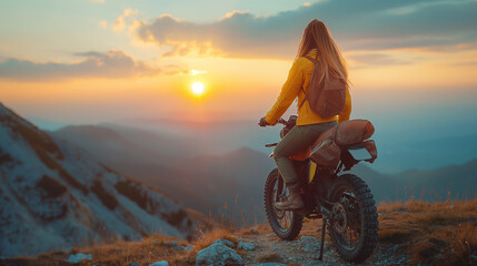Motorcycle driver with her motorcycle in the sunset. Travel and sport, speed and freedom concept