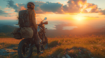 Motorcycle driver with her motorcycle in the sunset. Travel and sport, speed and freedom concept - obrazy, fototapety, plakaty