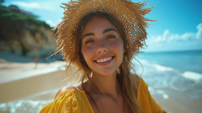A happy carefree young smiling female tourist in bikini and straw hat is making selfie or technology video call with a phone to friends or family in sea in sunny day during holidays vacation trip.