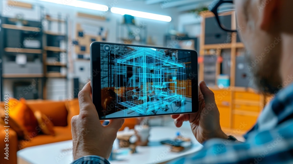 Poster professional engineer using a tablet to view a three-dimensional digital blueprint of a building in 