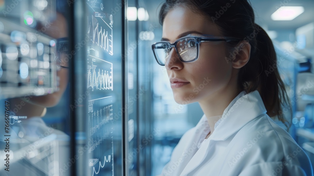 Poster a focused female scientist reviews complex data visualizations on a futuristic glass screen interfac
