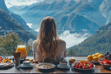 Young girl having a luxurious breakfast with various fruits and snacks, drinking her morning coffee...