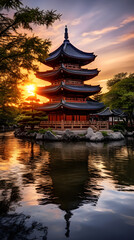 Magical Sunset Over the Ancient Asian Pagoda: A Fusion of Architecture and Nature's Splendor