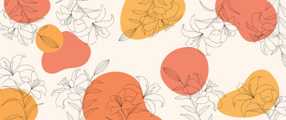 Abstract floral art background vector. Botanical hand drawn flower, lily flower, foliage line art. Design illustration for wallpaper, banner, print, poster, cover, greeting, invitation, package. - obrazy, fototapety, plakaty