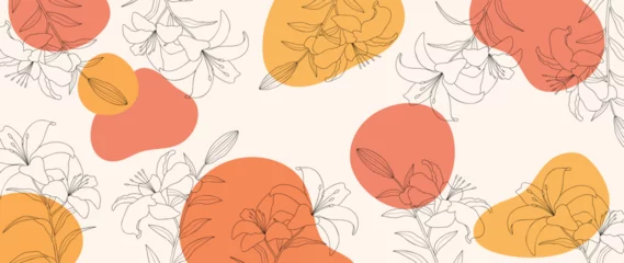 Deurstickers Abstract floral art background vector. Botanical hand drawn flower, lily flower, foliage line art. Design illustration for wallpaper, banner, print, poster, cover, greeting, invitation, package. © TWINS DESIGN STUDIO