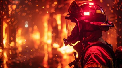 A brave firefighter in full gear stands vigilant against a backdrop of intense flames and sparks, prepared to battle the blaze.