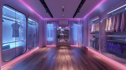 An elegant boutique interior bathed in neon lighting, with sleek shelving displaying an array of clothing, providing a contemporary shopping atmosphere.