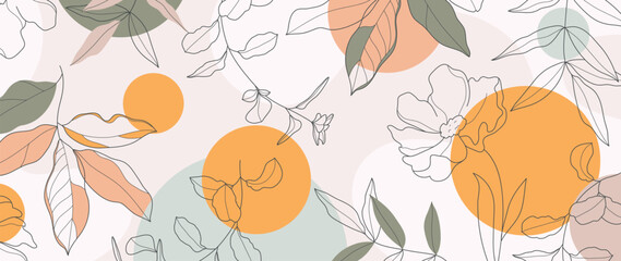 Fototapeta premium Abstract floral art background vector. Botanical hand drawn flower, foliage line art. Design illustration for wallpaper, banner, print, poster, cover, greeting, invitation, package.