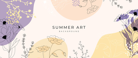 Abstract floral art background vector. Botanical hand drawn flower, foliage line art. Design illustration for wallpaper, banner, print, poster, cover, greeting, invitation, package.