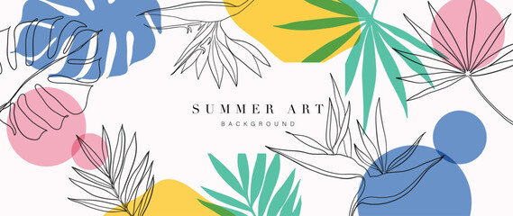 Abstract floral art background vector. Botanical hand drawn flower, foliage, palm, monstera line art. Design illustration for wallpaper, banner, print, poster, cover, greeting, invitation, package.