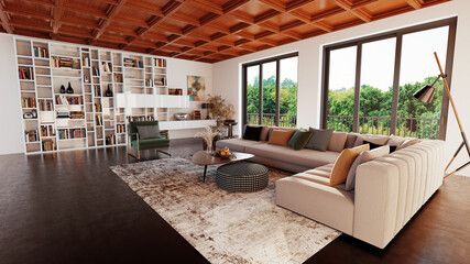 Large luxury modern bright interiors Living room mockup illustration 3D rendering image - 766508043
