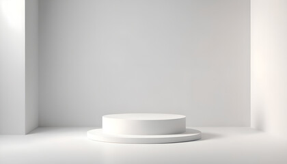 Abstract white room with realistic white cylinder pedestal podium set and leaf shadow overlay. Minimal scene for product display presentation. geometric platform stage for showcase